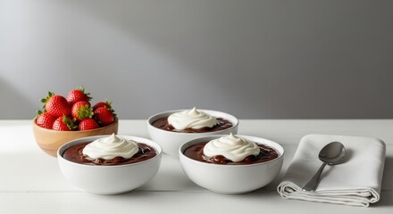 Chocolate Pudding Bowls Topped with Whipped Cream on a White Table