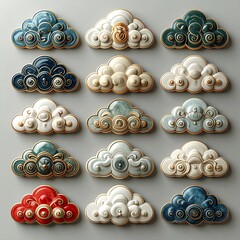 Stylized, ornamental cloud designs, each featuring ornate details and a gold-colored trim, arranged on a gray backdrop