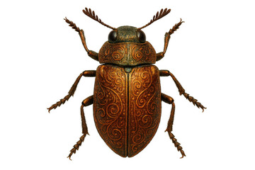 Steampunk beetle with elaborate filigree ornamentation, designed as a decorative insect made from bronze and brass, transparent background