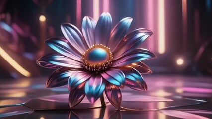 Elegant metallic flower glows with vibrant neon lights in futuristic setting - Powered by Adobe