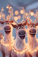 Three happy cartoon reindeer with glowing antlers and festive lights around their necks