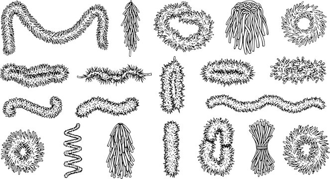 Hand-Drawn Vector Set of Christmas Garlands, Tinsel, Wreaths, and Festive Holiday Decorations in Black and White Sketch Style