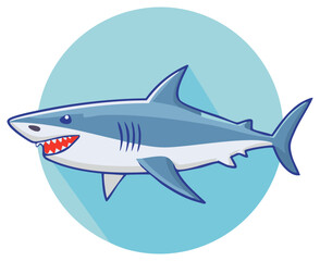 Obraz premium Cartoon shark with open mouth and sharp teeth swimming in blue circle
