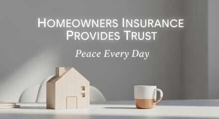 Wooden House Model and Coffee Mug Promoting Homeowners Insurance