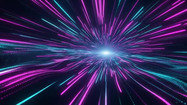 Dynamic light trails zoom into glowing digital vortex, abstract technology background
