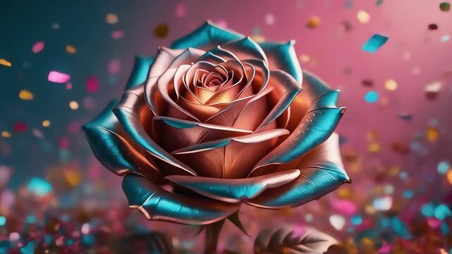 Shimmering rose with falling confetti, a dynamic celebration of beauty and joy