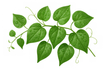 Green vine with fresh water droplets on lush leaves, growing plant element having transparent background