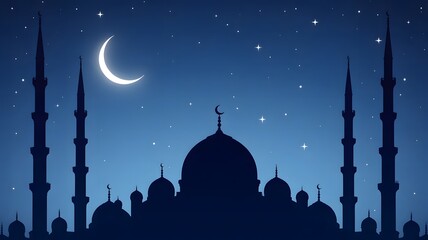 Silhouette of a mosque with minarets and domes against a starry night sky with a crescent moon, symbolizing islamic culture and ramadan