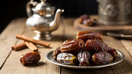 A closeup shot of a pile of dates on a small plate, with cinnamon sticks and a teapot in the background, set on a wooden table