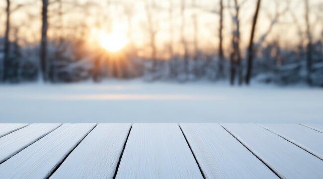 Empty wooden surface covered with snow, providing copy space, with a blurred winter forest and setting sun in the background