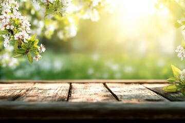 Spring beautiful background with green lush young foliage and flowering branches with an empty wooden table on nature outdoors in sunlight in garden.