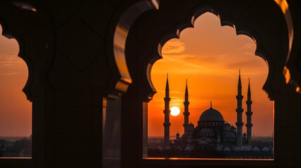 Silhouette of a mosque with minarets and dome against a vibrant orange sunset sky, viewed through ornate arches