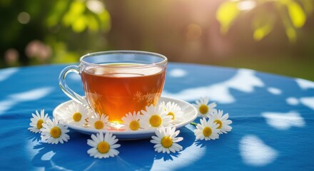 A cup of chamomile tea with daisies on a blue table