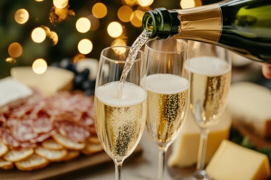 Celebration with champagne being poured into flutes, a cheese and charcuterie board, and blurred bokeh lights