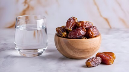 A small wooden bowl filled with ripe dates sits next to a glass of water on a marble surface, representing a healthy snack