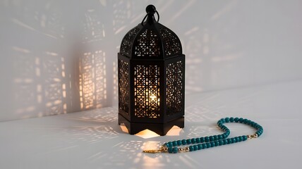An ornate black moroccan lantern with intricate cutouts casting beautiful shadows, placed next to a turquoise prayer bead necklace on a white surface
