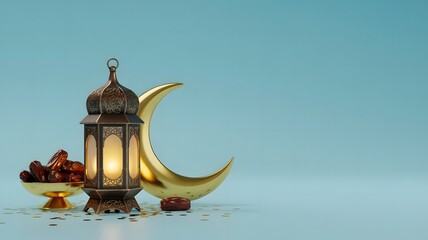 A ramadan lantern and dates are placed next to a golden crescent moon on a light blue background, symbolizing islamic holidays