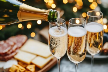 Champagne pouring into glasses with sparkling bubbles, celebrating New Year's Eve, Christmas, or other special occasions. Appetizers in background