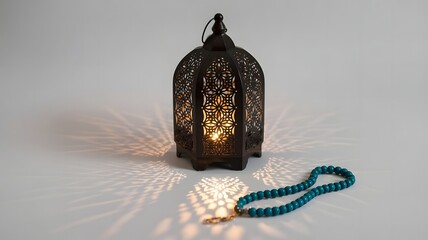 A traditional islamic lantern with a string of prayer beads, casting intricate light patterns on a plain background