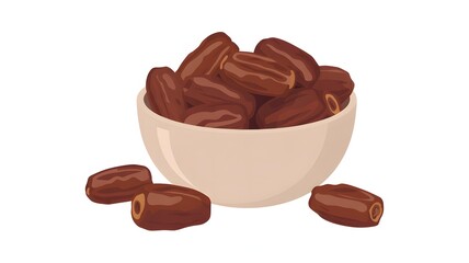 A white bowl filled with delicious medjool dates, some scattered around the bowl, isolated on white background