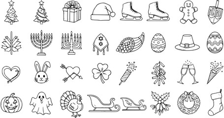 Fototapeta premium Hand-Drawn Holiday Icon Set: Christmas, Hanukkah, Easter, Thanksgiving, and More