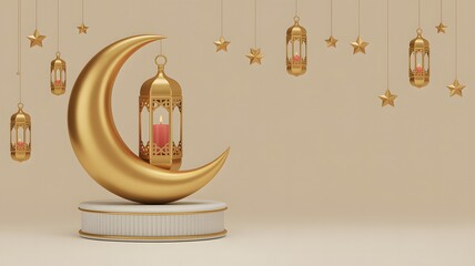 Golden crescent moon with ornate lantern and stars, ramadan and eid celebration, elegant islamic theme