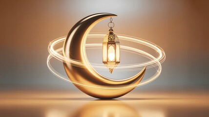 Golden crescent moon with a glowing lantern hanging and light trails, symbolizing ramadan and islamic celebrations