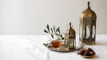Ramadan lantern and dates on a tray with a glass of tea, traditional islamic celebration elements