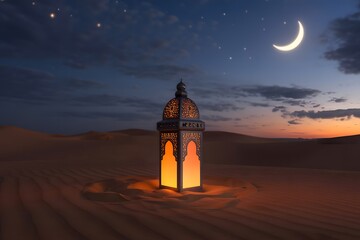 A glowing moroccan lantern sits in the sand dunes of a desert at dusk, with a crescent moon and stars in the twilight sky