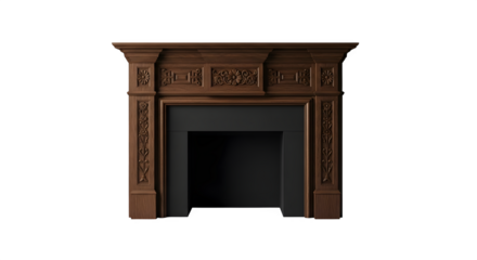 Ornate dark wood fireplace mantel with carved details, isolated on transparent background