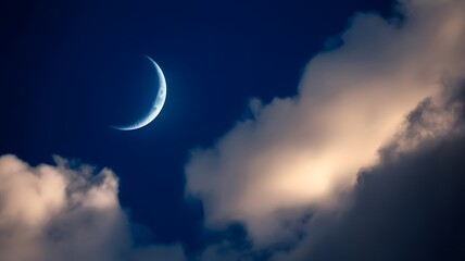 A crescent moon glows in the dark night sky, partially obscured by soft, illuminated clouds, creating a serene and mystical atmosphere