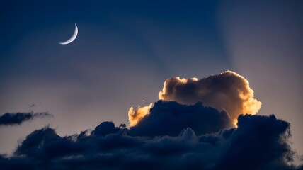 Crescent moon shining in the night sky above dramatic clouds, illuminated by the setting suns rays