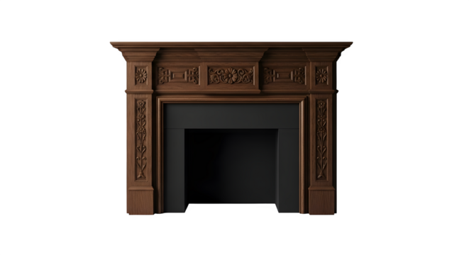 Ornate dark wood fireplace mantel with carved details, isolated on transparent background