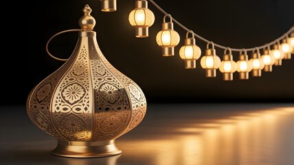 Golden ornate moroccan lantern with a string of glowing lights in the background, creating a warm and festive atmosphere