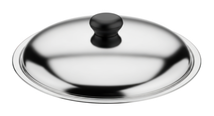 Stainless steel pot lid with black knob isolated on white.