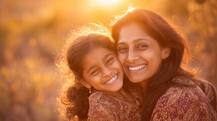 Happy Indian Mother and Daughter Smiling Together Outdoors