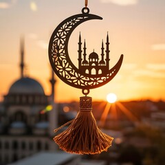 Islamic crescent moon and mosque ornament with tassel hanging against a beautiful sunset sky with mosque silhouette