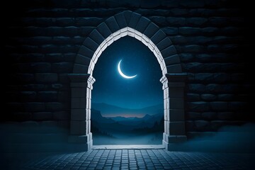 Mystical arched doorway revealing a starry night sky with a crescent moon over a serene landscape, evoking a sense of wonder and ancient mystery