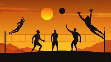 Silhouetted volleyball players at sunset