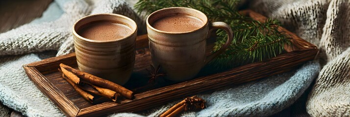 Cozy winter scene with two mugs of hot chocolate and cinnamon sticks on a rustic tray