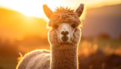 A close-up portrait of a fluffy llama against a warm, golden sunset. The animal faces the viewer with a curious expression