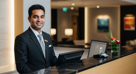 Fototapeta premium Professional Indian Hotel Staff Working at Contemporary Reception Counter