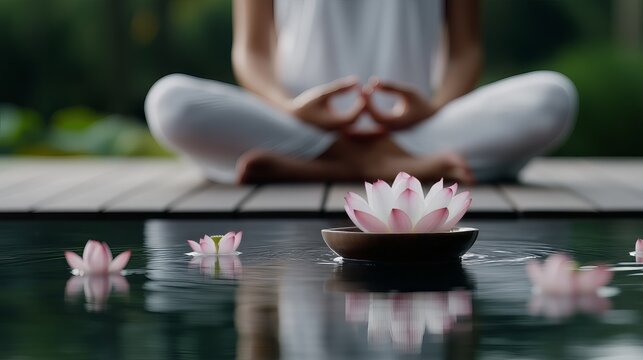 Woman meditating in lotus pose by tranquil water, finding inner peace, focus, and spiritual balance amidst floating lotus flowers, practicing mindfulness and serenity