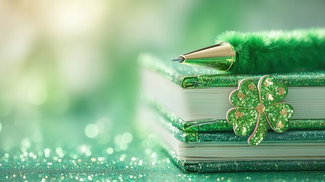 Saint Patrick's Day Shiny green notebooks with a pen and decorative elements on top.