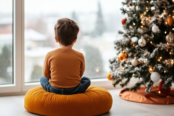 Obraz premium Young boy sitting on cushion, looking out window during winter. A decorated Christmas tree lights up the cozy room