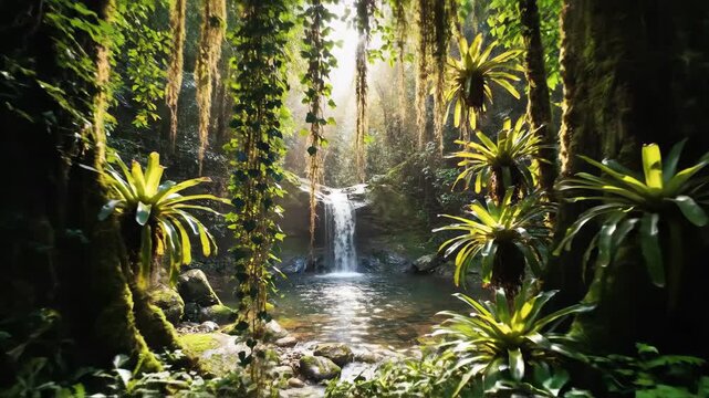 Tropical Rainforest Waterfall Lush Jungle Scene with Bromeliads