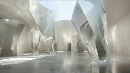 Futuristic architecture with geometric shapes and bright light, creating a modern interior.