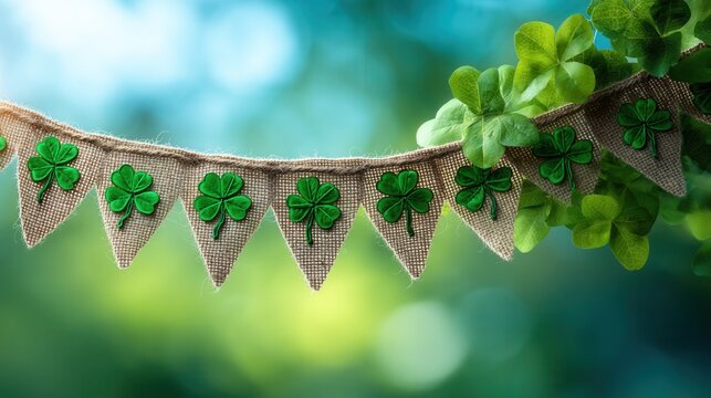 Saint Patrick's Day Burlap banner with green clovers hanging among lush greenery.