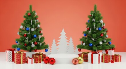 Obraz premium Christmas Trees, Gifts, and Ornaments on White Podium, Festive Holiday Scene