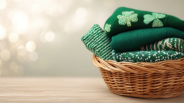 Saint Patrick's Day Cozy green sweaters stacked in a woven basket on a soft backdrop. - Powered by Adobe